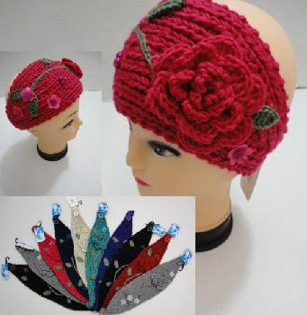 Hand Knitted Ear Band--Flower & Leaves